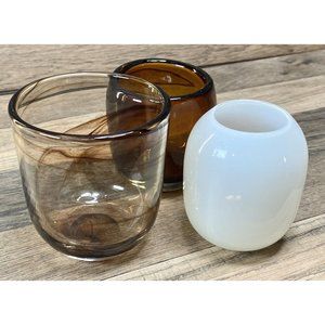 Art Glass Candle Holder Lot of 3  Brown & White Hand Blown